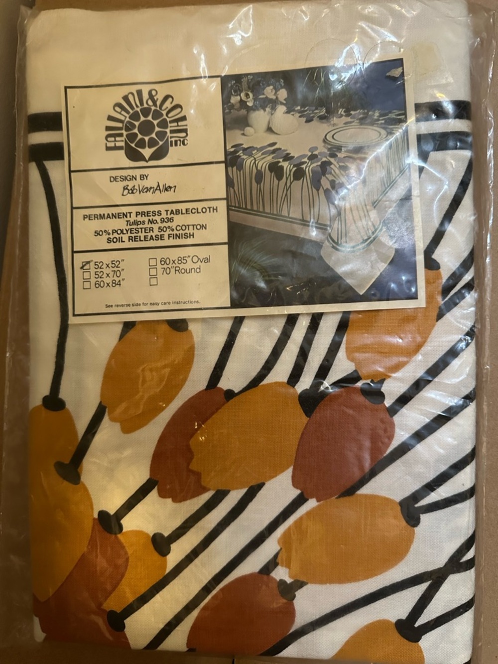 Retro 60s Vintage Bob Van Allen Tulip Print Tablecloth in White, Rust & Mustard